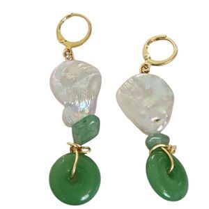 14K Gold Plated Baroque Pearl Jade Donut Huggie Hoop Earrings